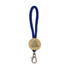A blue keytag with a wooden circular pendant featuring a logo, attached to a metal clasp.