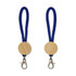 Two keytags with a round wooden disc and a navy blue fabric strap, featuring a metal clip for attachment.