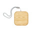 A square bamboo wireless charger with a grey strap. It features a smooth wooden surface and rounded edges.