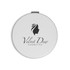 A round white compact mirror featuring a logo and an elegant design of a woman's profile.