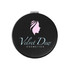 A round black compact mirror featuring a logo with a profile silhouette and "Velvet Dew Cosmetics" text.
