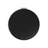 A round, black compact mirror with a textured finish and a silver clasp. It features a logo on the surface.