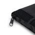 A black sports towel with a textured mesh section and a zip fastener, featuring a branding logo.