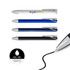 A set of four gel ink pens in white, blue, and black with silver accents and a logo on one pen.