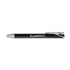 A black gel ink pen with a silver clip and a logo on the barrel.