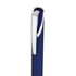 A gel ink pen with a sleek design, featuring a dark blue barrel and metallic silver clip.