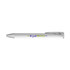 A white gel ink pen with a silver nib and a logo printed on the barrel.