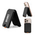 A black phone wallet with a stand feature, displaying a logo and compatible with a smartphone.