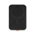 A black phone wallet with a subtle logo, featuring a circular design outline and an orange accent.