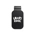 A black visor glasses holder with a logo featuring playful white text. Simple and compact design for accessories.