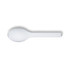 A white spoon with a smooth surface and ergonomic handle, featuring a logo on the handle.