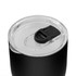 A black coffee cup with a clear lid and a slider opening for easy sipping.