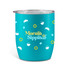 A travel mug in teal with various food and drink graphics and a logo. It features a clear lid.