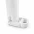 A white rechargeable fan with a compact base and adjustable stand. It features a minimalistic design and includes a logo.