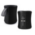 A compact black speaker with a textured exterior and a carrying strap, featuring control buttons on the front.