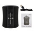 A black portable speaker with control buttons, a USB cable, and a user manual. The speaker has a textured surface.
