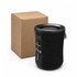 A black portable speaker with mesh detailing beside a plain brown cardboard box.