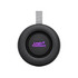 A round black speaker with a grey strap and a logo in purple.