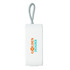 A white portable charger with a textured strap and a colourful logo featuring the words "Golden Hours."