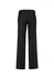 A pair of women's black adjustable waist pants with a straight-leg design and a back view.