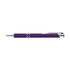 A purple metal pen with silver accents and a clip, featuring decorative stripes on the barrel.
