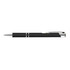 A sleek black metal pen with silver accents and a clip, featuring a modern design and branding.