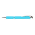 A metal pen in a vibrant blue color with sleek silver accents and a clip.