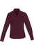 A burgundy long sleeve button-up shirt for women, featuring a classic collar and button closure. It has a logo.