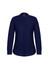 A navy blue women's long sleeve blouse with a button-up design and a collarless neckline.