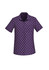 A short sleeve button-up shirt in purple featuring a daisy print pattern and a logo on the collar.