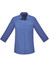 A blue women's button-up shirt with 3/4 sleeves and a chest pocket, featuring a logo.