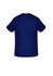 A navy blue unisex scrub top, featuring a simple design with short sleeves and a straight neckline. It has a logo.