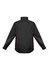A black unisex jacket featuring red accents and reflective detailing, with a high collar and long sleeves.