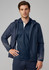A navy unisex razor jacket featuring a hood and contrasting panel detailing. Includes a logo on the chest.