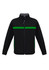 A black unisex soft shell jacket featuring green stripes and zippered pockets, with a collar and long sleeves.