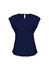 A navy women's top with a unique design and a keyhole detail at the back. It has a subtle branding logo.