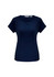 A navy short sleeve top with a double V-neck design. The top has a logo on the label.