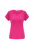 A pink short sleeve top with a V-neck design, featuring a subtle layered detail and a logo tag.