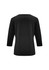 A black women's top with 3/4 sleeves, featuring a simple and sleek back design. It has a logo.
