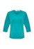 A women's top in teal with a v-neck and 3/4 sleeves, featuring a logo on the label.