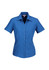 A blue women's button-up short sleeve shirt with a collared neckline and five buttons down the front.