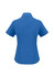 A blue women's short sleeve button-up shirt with a fitted design and a collar, featuring a branding logo.