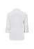 A white women's button-up shirt featuring a 3/4 sleeve and a collared design, with a logo on the label.