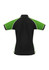 A women's polo shirt in black with green sleeves and white accents, featuring a logo on the chest.