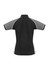 A black women's polo shirt features grey accents and a logo. The design includes short sleeves and a collar.