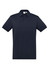 A navy short sleeve polo shirt with a collar, featuring three buttons and a logo on the chest.