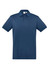 A navy blue men's short sleeve polo shirt with a collar and three buttons, featuring a logo on the chest.
