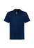 A navy blue kids' short sleeve polo shirt featuring yellow accents and a logo.