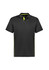 A black polo shirt with green accents and a logo, featuring short sleeves and a collared neckline.