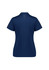 A women's short sleeve polo shirt in navy blue, featuring a logo and decorative detailing on the sleeves.